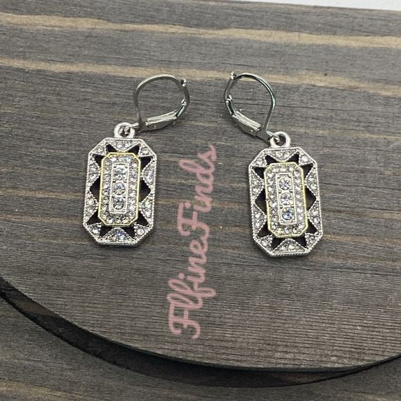 - 💖 Art deco Silver Tone  Diamond Pave geometric octagon drop earrings💖 - Picture 2 of 16